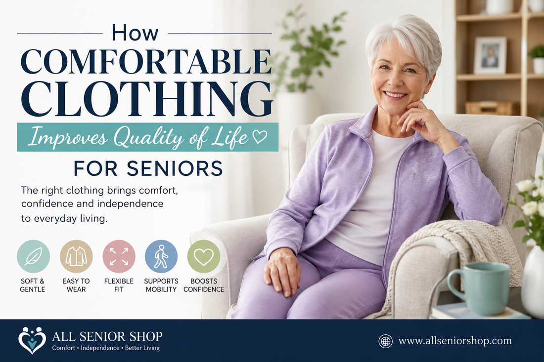 Senior woman wearing comfortable everyday clothing while relaxing at home, representing comfortable clothing for seniors and independent living by All Senior Shop.