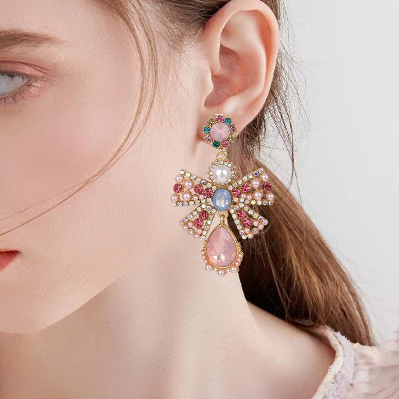 Pearl colored crystal glass metal bow earrings, elegant and sweet vintage earrings