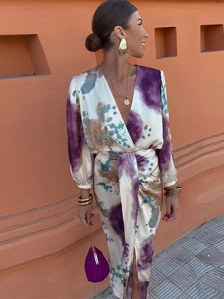 V-neck long sleeved top with elegant temperament, split long skirt for women's set
