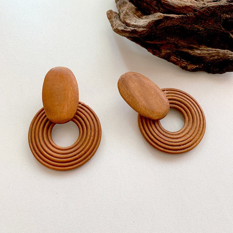 Geometric Circle Spiral Wooden Earrings Simple and Retro Personality Exaggerated Earrings for Women
