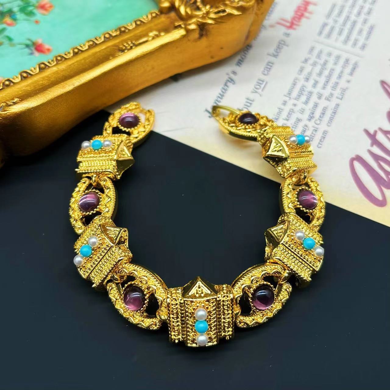 French Pure Gold Brilliant Light Luxury Glass Pearl Bracelet Bracelet