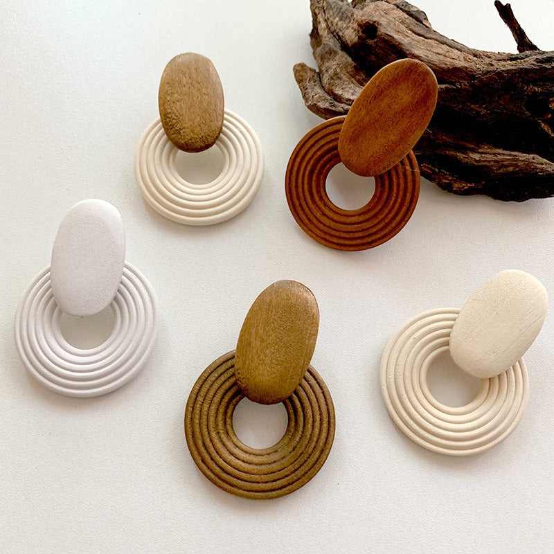 Geometric Circle Spiral Wooden Earrings Simple and Retro Personality Exaggerated Earrings for Women