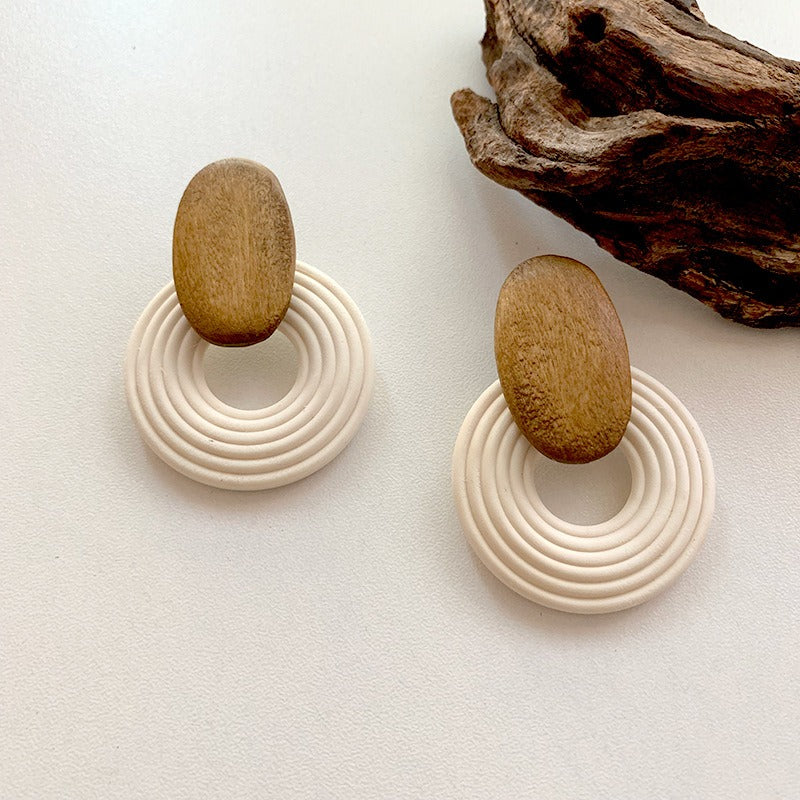 Geometric Circle Spiral Wooden Earrings Simple and Retro Personality Exaggerated Earrings for Women