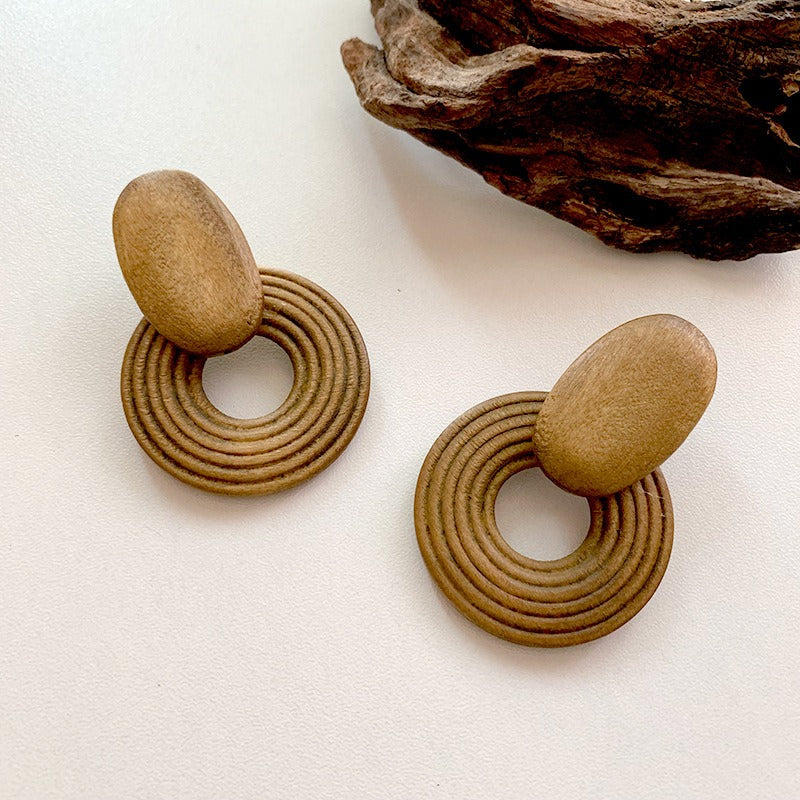 Geometric Circle Spiral Wooden Earrings Simple and Retro Personality Exaggerated Earrings for Women