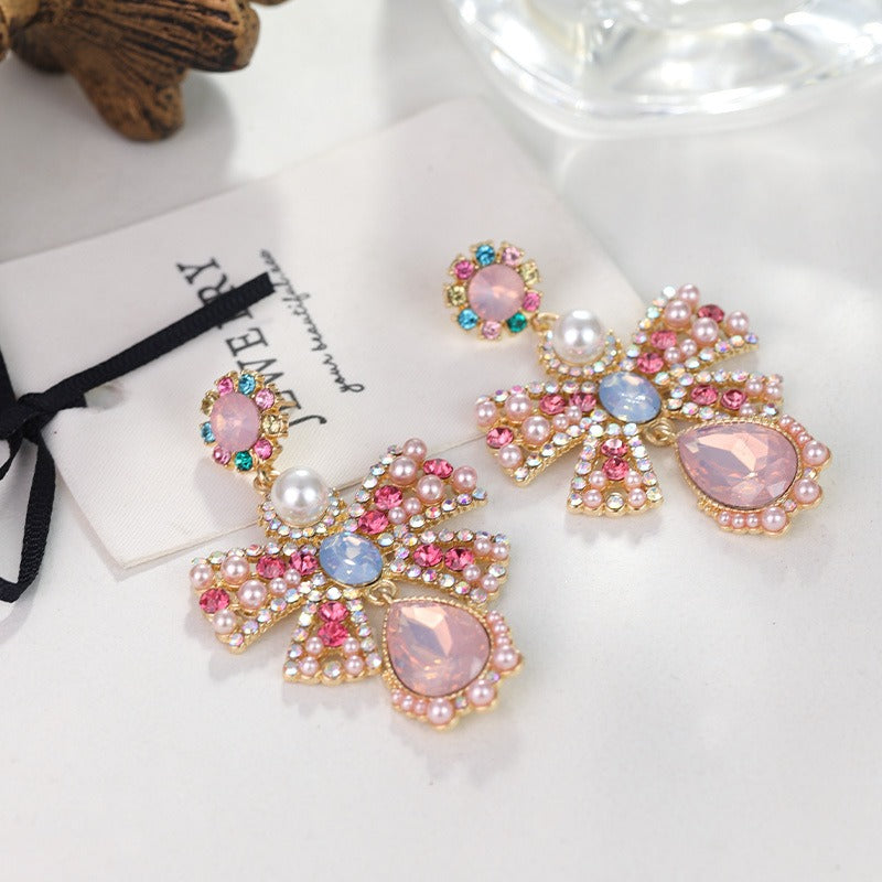 Pearl colored crystal glass metal bow earrings, elegant and sweet vintage earrings