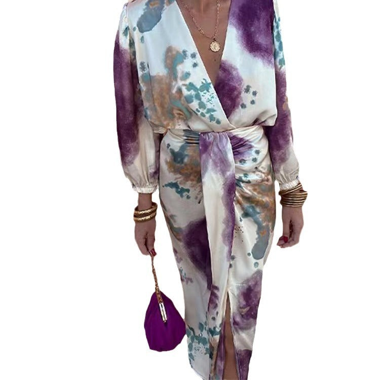 V-neck long sleeved top with elegant temperament, split long skirt for women's set